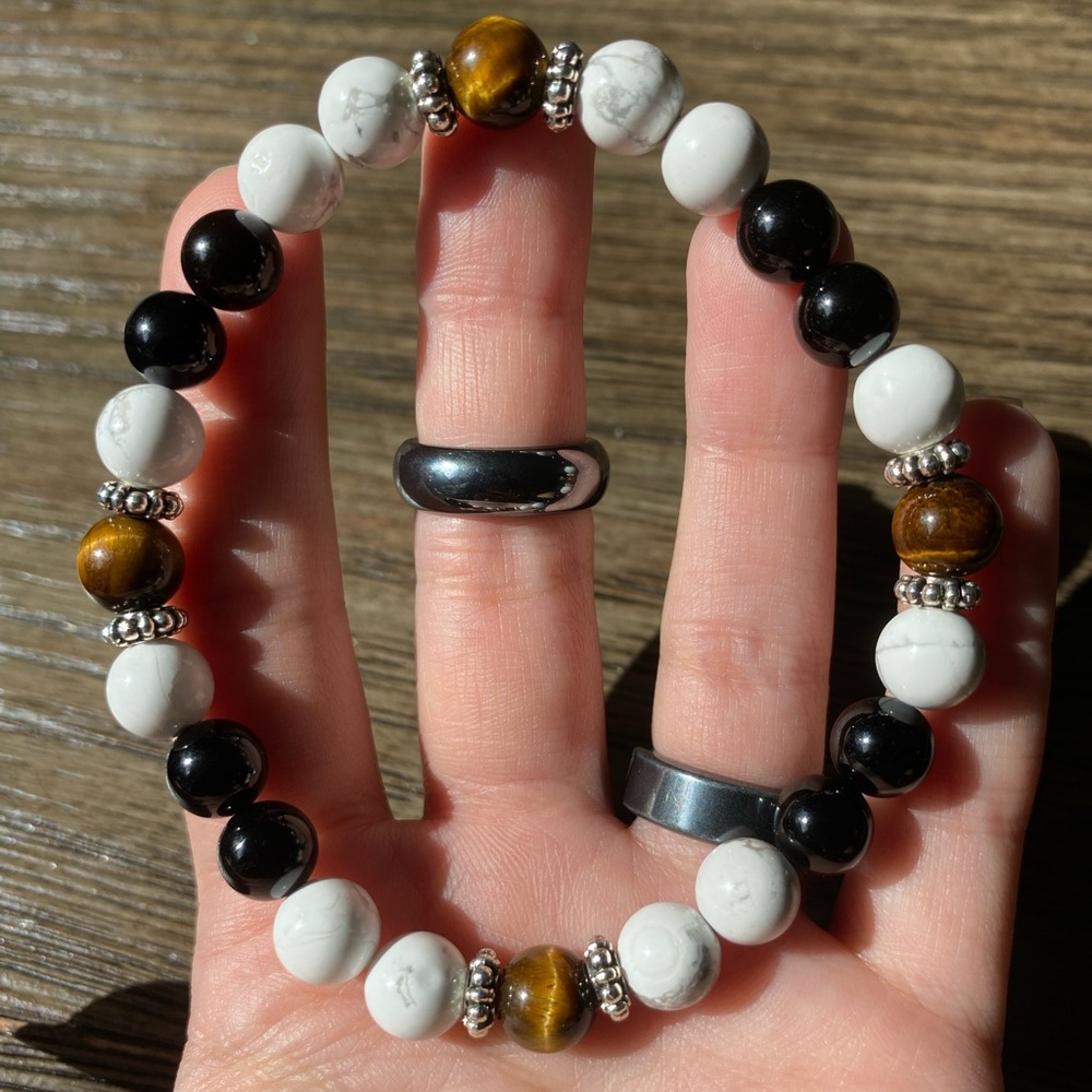 Handmade Onyx, Howlite, & Tiger’s Eye Crystal Beaded Bracelet